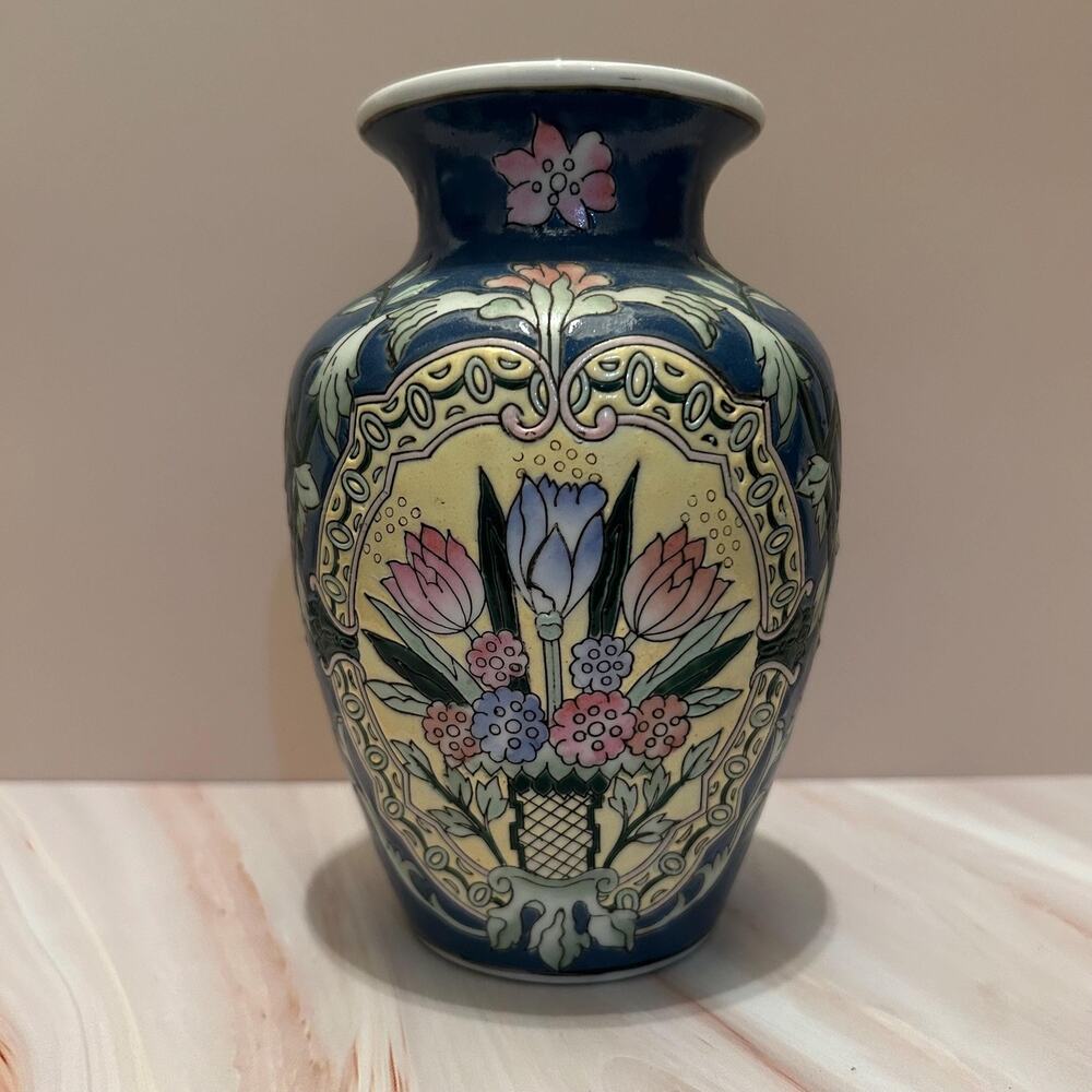 Vintage WBI Floral Decorative Vase or Ginger Jar – Blue & Pastel Enamel Design